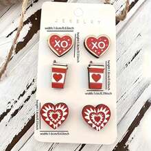 3pairs Delicate Heart & Coffee Cup Design Stud Earrings/Dangle Earrings Wooden Jewelry Elegant And Minimalistic Style For Women Dating - Red - View 2