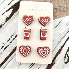 3pairs Delicate Heart & Coffee Cup Design Stud Earrings/Dangle Earrings Wooden Jewelry Elegant And Minimalistic Style For Women Dating - Red - View 1