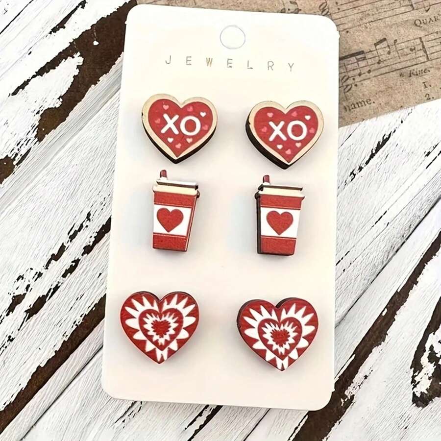 3pairs Delicate Heart & Coffee Cup Design Stud Earrings/Dangle Earrings Wooden Jewelry Elegant And Minimalistic Style For Women Dating - Red - View 1