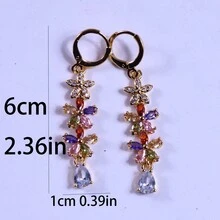 時尚奢華精緻五色方晶鋯石花朵和水滴形吊墜耳環,適合女士日常佩戴/節日/生日、珠寶禮物 - 金黃色 - 查看 2