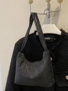 Fashionable Simple Style Shoulder Bag With Shiny Rhinestone, Can Be Used As Casual Crossbody Bag - Black - View 1