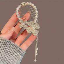 1 件，优雅精致闪亮发爪夹，花朵设计水钻和人造珍珠发夹，女孩日常派对户外装饰，复古流苏马尾扣锌合金发饰，送礼的理想选择 - 彩色 - 查看 5