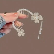 1 件，优雅精致闪亮发爪夹，花朵设计水钻和人造珍珠发夹，女孩日常派对户外装饰，复古流苏马尾扣锌合金发饰，送礼的理想选择 - 彩色 - 查看 4