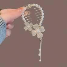 1 件，优雅精致闪亮发爪夹，花朵设计水钻和人造珍珠发夹，女孩日常派对户外装饰，复古流苏马尾扣锌合金发饰，送礼的理想选择 - 彩色 - 查看 6