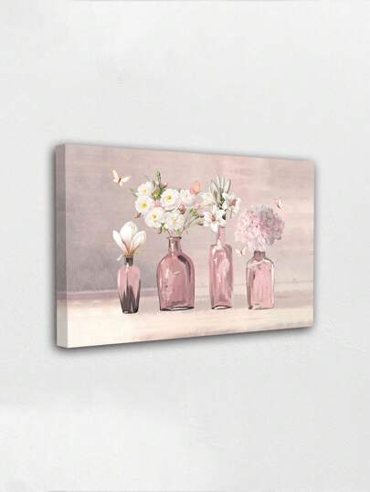 1pc Wooden Frame Painting, Canvas Print,Butterfly And Beautiful Blooming Eustoma Grandiflorum Lily Bouquet Pink Vase Painting,Wall Art Vintage Posters,Living Room Home Decor Gifts Birthday Graduation