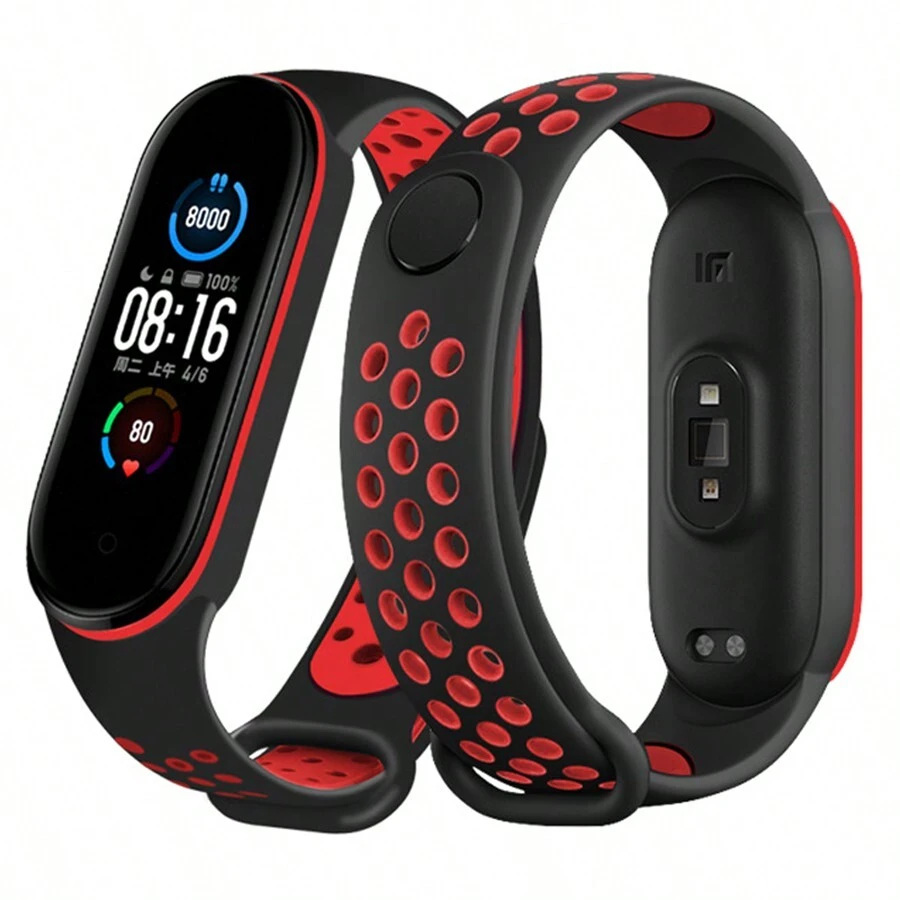 适用于小米手环 6 7 4 手环运动硅胶 Miband4 Miband 5 3 手腕替换腕带，兼容小米 Mi Band 6 表带，黑红色 - black-red - 查看 1