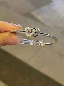 Vintage Heart Detail Bracelet With Half Bangle Half Chain Design, Simple All-Match Friend Sisters Bracelet - Silver - View 5