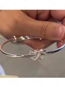 Vintage Heart Detail Bracelet With Half Bangle Half Chain Design, Simple All-Match Friend Sisters Bracelet - Silver - View 6