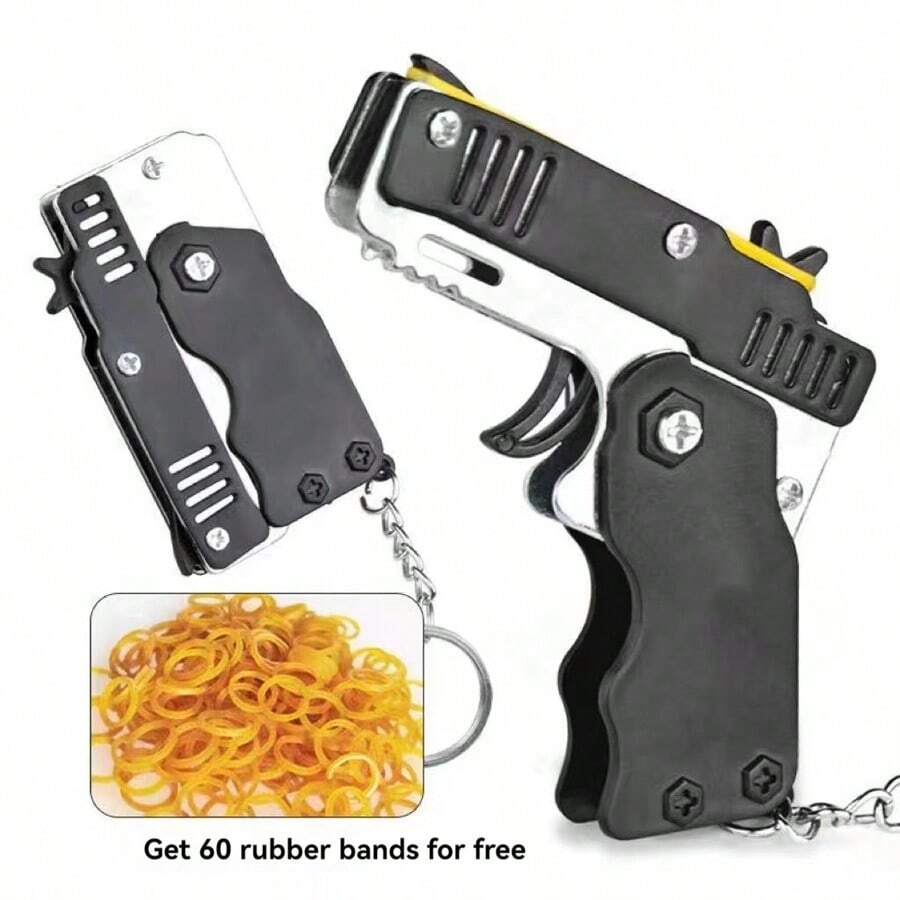 1pc Foldable Zinc Alloy Rubber Band Gun Model Keychain Shootout Gun With 60 Rubber Bands - Black - View 1