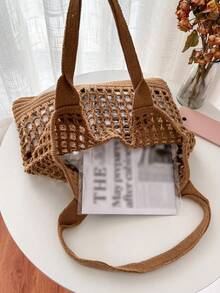 大容量休閒中空設計購物袋編織袋,適用於十幾歲的女孩,女大學生,新手和白領工人,非常適合辦公室,大學,工作,商務,通勤,戶外,旅遊,郊游 - 彩色 - 查看 4