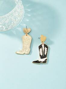 1 对 Y2k 波西米亚风格合金几何心形和牛仔靴形吊坠耳环，带彩色图案，适合女性，适合日常佩戴、度假、旅行、交友或情人节礼物 - 黑與白 - 查看 3