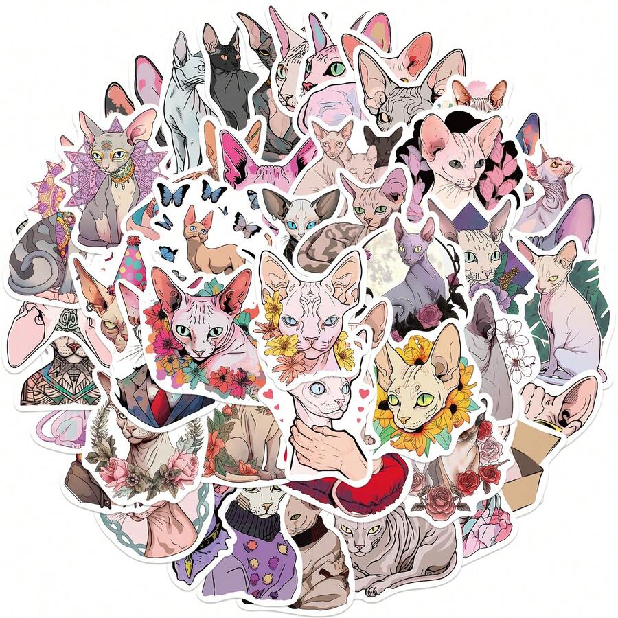 50入組/包sphinx Cat防水diy創意塗鴉貼紙,適用於吉他/滑板/水瓶/保護帽/雪板/筆電/手機/冰箱/行李箱/塗鴉貼紙,是完美的禮物 - 彩色 - 查看 1