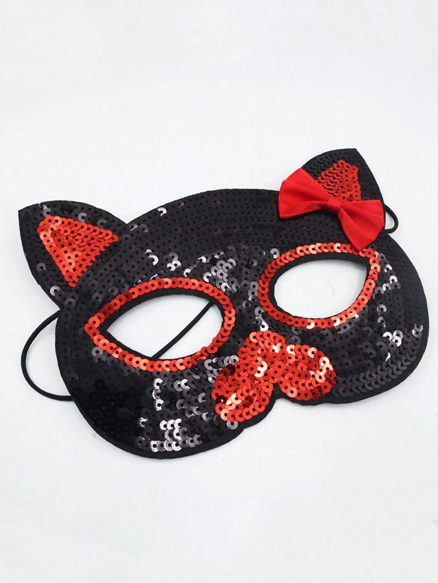 Glittering Eye Mask Accessory For Party & Ball Costume Decoration, Lovely Cat Face & Bow Knot Design - Red - View 1