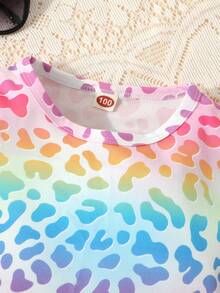 Young Girl's Casual Style Gradient Leopard Pattern Short-Sleeved Knit T-Shirt And Denim Shorts Set For Summer - Multicolor - View 3