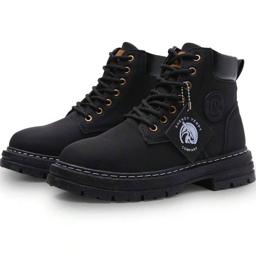 Botas Hombre uso Rudo Altas de Moda,Bota Táctica Estilo Urbano Vinipiel con Plataforma y Suela Gruesa, Antideslizante, Resistente Al Desgaste, Confortable-Botas De Trabajo, Botas De Motocicleta, Botas Altas Para Hombres, Zapatos Para Hombres - Negro - Ver 1