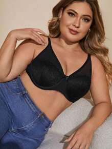 1 Áo lót cúp ngực đúc màu trơn thanh lịch và gợi cảm cỡ lớn dành cho nữ có mối nối lưới, độ che phủ và gọng đầy đủ, thích hợp để mặc hàng ngày và đi làm - màu đen - Xem 4