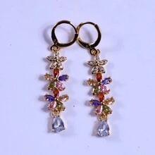 時尚奢華精緻五色方晶鋯石花朵和水滴形吊墜耳環,適合女士日常佩戴/節日/生日、珠寶禮物 - 金黃色 - 查看 8