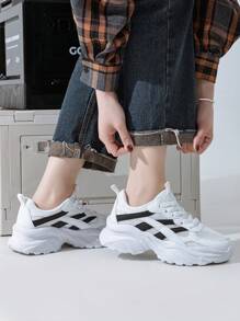 Zapatillas deportivas/casuales negro y blanco sólido, de punta redonda, con cordones, transpirables y antideslizantes, de tacón bajo, versátiles para uso diario y al aire libre