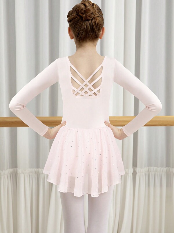 Girls' Ballet Leotard Young Girl Shiny Long Sleeve Dress Butterfly Hollow Back Skirt For Dance Performance