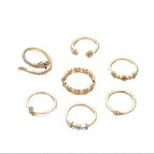 7入組青少年鋅合金創意蛇形設計戒指,嵌有石頭,時尚的生日禮物選擇 - 金黃色 - 查看 7