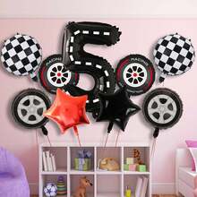 9入組熱血賽車生日裝飾氣球,黑白方格輪胎氣球,數字3、4、5生日派對裝飾用品,賽車主題派對裝飾氣球 - 黑與白 - 查看 7