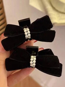 1入組小尺寸黑色珍珠絨面蝴蝶結布料夾髮，適用於女性優雅高貴的日常妝容 - 黑色 - 查看 6