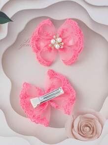 2pcs/Set Bow Shape Hair Clips For Teen - Hot Pink - View 3