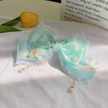 1入超可愛兒童蝴蝶結蕾絲頭飾,珍珠流蘇網狀髮夾,女孩超大多層蝴蝶結頭飾,適用於日常和派對,是送給女孩的理想選擇禮物 - 綠色 - 查看 9