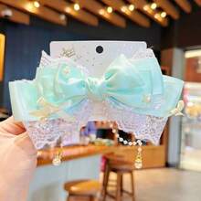 1入超可愛兒童蝴蝶結蕾絲頭飾,珍珠流蘇網狀髮夾,女孩超大多層蝴蝶結頭飾,適用於日常和派對,是送給女孩的理想選擇禮物 - 綠色 - 查看 7