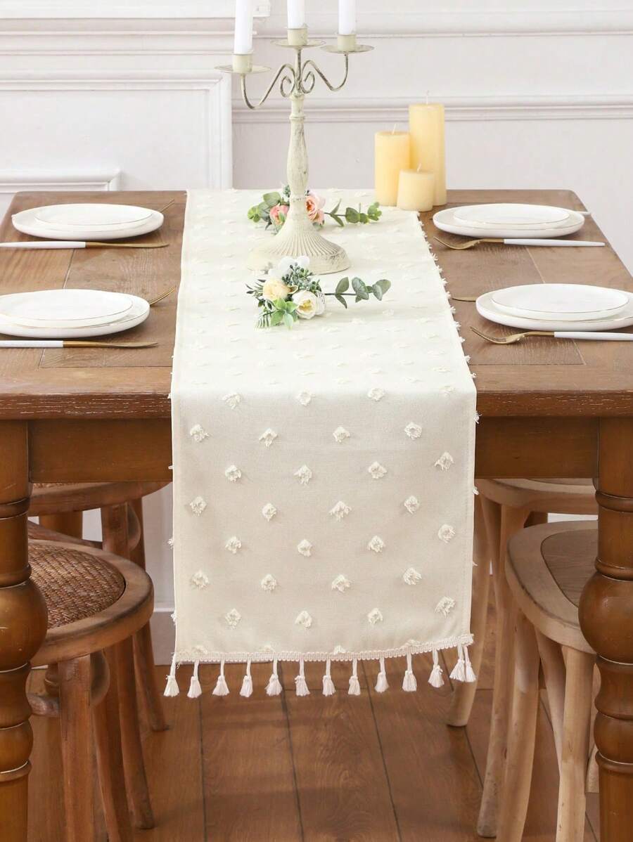 Miater 1pc Linen Fringe Wedding Party Decoration Table Runner - Apricot - View 1