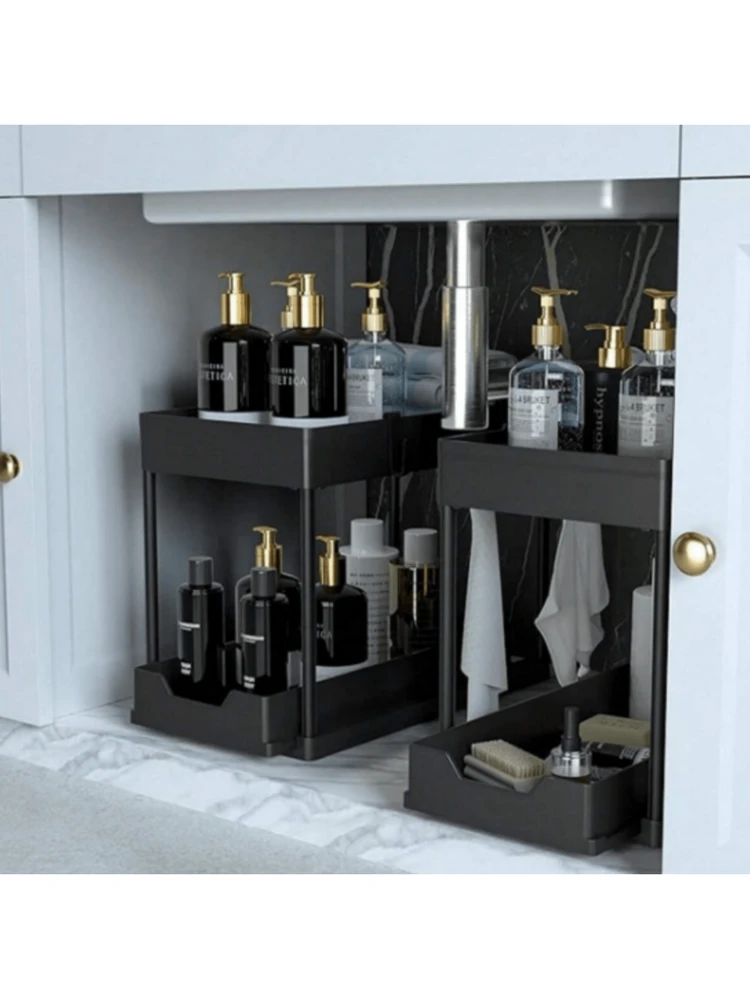 Organizer Sottolavandino Estraibile 2 Pezzi | Scaffale Multiuso In ABS Con Ganci E Vaschette | Portaoggetti Per Cucina E Bagno - 4