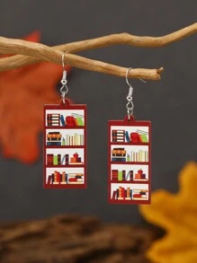 1 par de pendientes creativos de libros de madera con diseño de papelería, joyería para el Día del Maestro