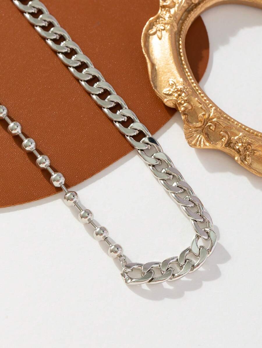 1 件男女通用欧美嘻哈锌合金纯色个性串珠拼接项链，适合女性日常佩戴和送礼 - 銀色 - 查看 1