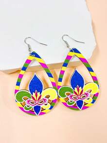 1對木製雕空馬蒂蓋拉斯帽子 & 小丑帽 & 印花口罩垂墜耳環,hip-hop 派對萬聖節女裝戲服配件,完美的朋友約會禮物 - 彩色 - 查看 15