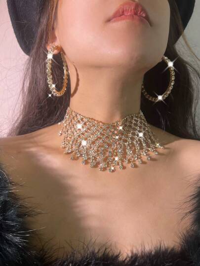 Luxury & Uncommon European And American Style Gold Chunky Tassel Punk Gothic Nightclub & Streetwear Fashion Necklaces, Full Of Rhinestone Chain Fringes, Sweater Chain, Circle & Geometric Shapes Dangle Earrings Set (1pc Necklace, 1pc Ear Cuff And 1pair Earrings)