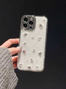 Compatible With IPhone 16 Electroplated Drop Glue Cream & Rhinestone Decor Shockproof Phone Case Compatible With IPhone - White - View 3