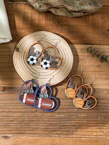 1對波西米亞風格的木製心形豹紋字母足球籃球棒球形耳環,適合女性時尚運動啦啦隊派對 - 彩色 - 查看 3