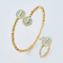 2入組手工編織開口手鐲,帶有立方氧化鋯雙圓頭環,適用於女性日常佩戴 - 2件組 開口手鐲和開口戒指 - 查看 3