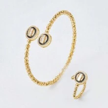 2入組手工編織開口手鐲,帶有立方氧化鋯雙圓頭環,適用於女性日常佩戴 - 2件組 開口手鐲和開口戒指 - 查看 2