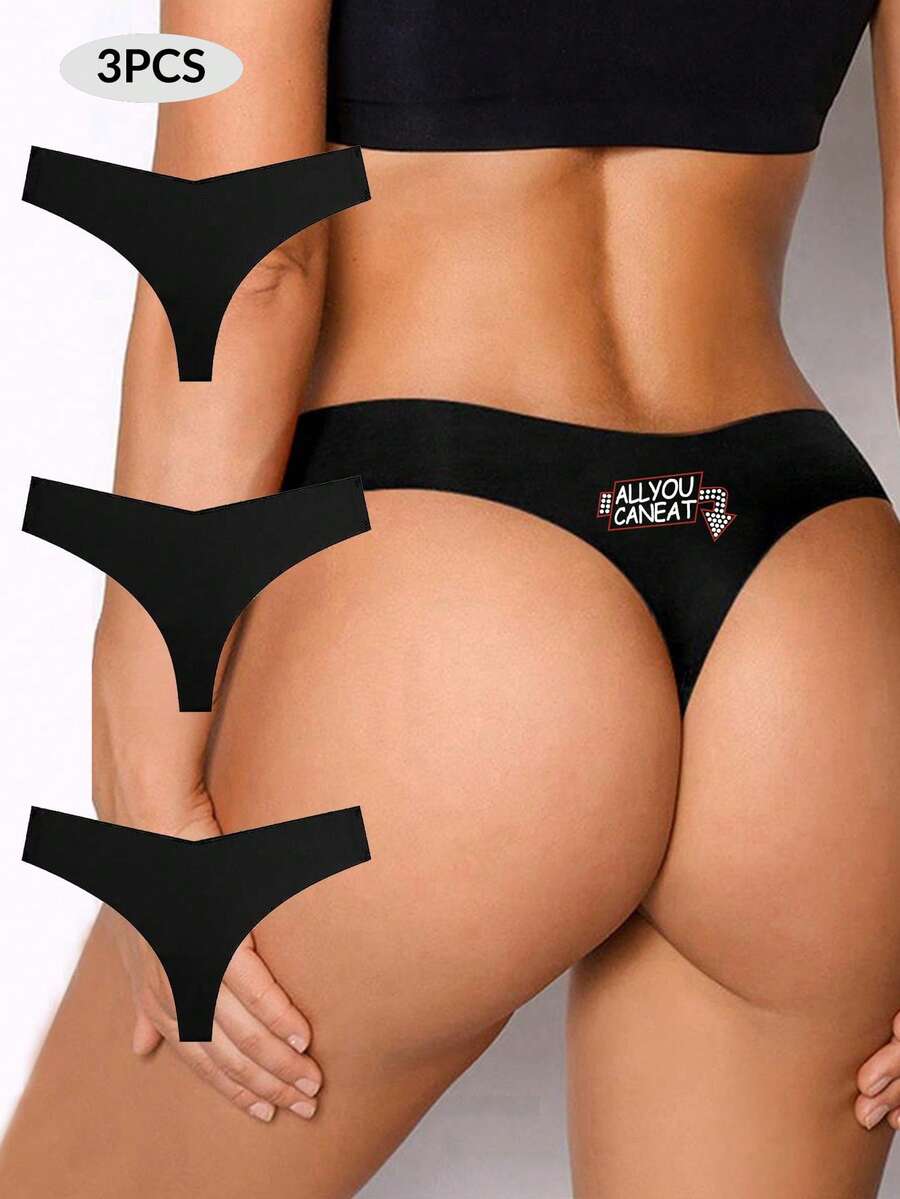 3pcs/Set Women's Sexy Comfy Simple Casual Fashionable English Letter Pattern Thong Underwear - Black - View 1