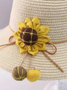 新款女童可愛公主草帽,帶向日葵裝飾,防uv透氣頂帽,適用於海灘度假和日常穿搭 - 米色 - 查看 5