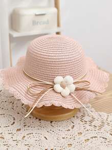New Arrival Girls' Lovely Princess Straw Hat With Pearl & Bow Knot Decor, Sun Protection Hat For Princesses On Beach, Daily Wear - Pink - View 1