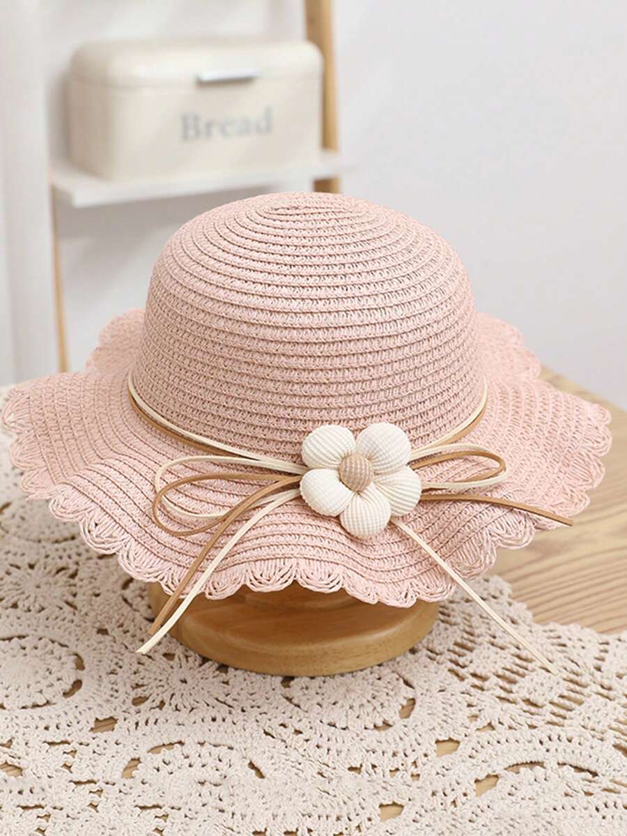 New Arrival Girls' Lovely Princess Straw Hat With Pearl & Bow Knot Decor, Sun Protection Hat For Princesses On Beach, Daily Wear - Pink - View 1