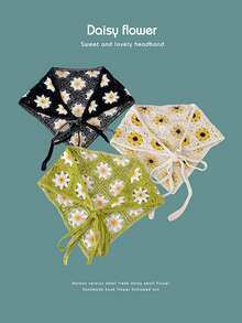 1入女士甜美可愛手工編織花朵空心束髮帶,雛菊三角圍巾,適用於春夏日常穿著 - 彩色 - 查看 4