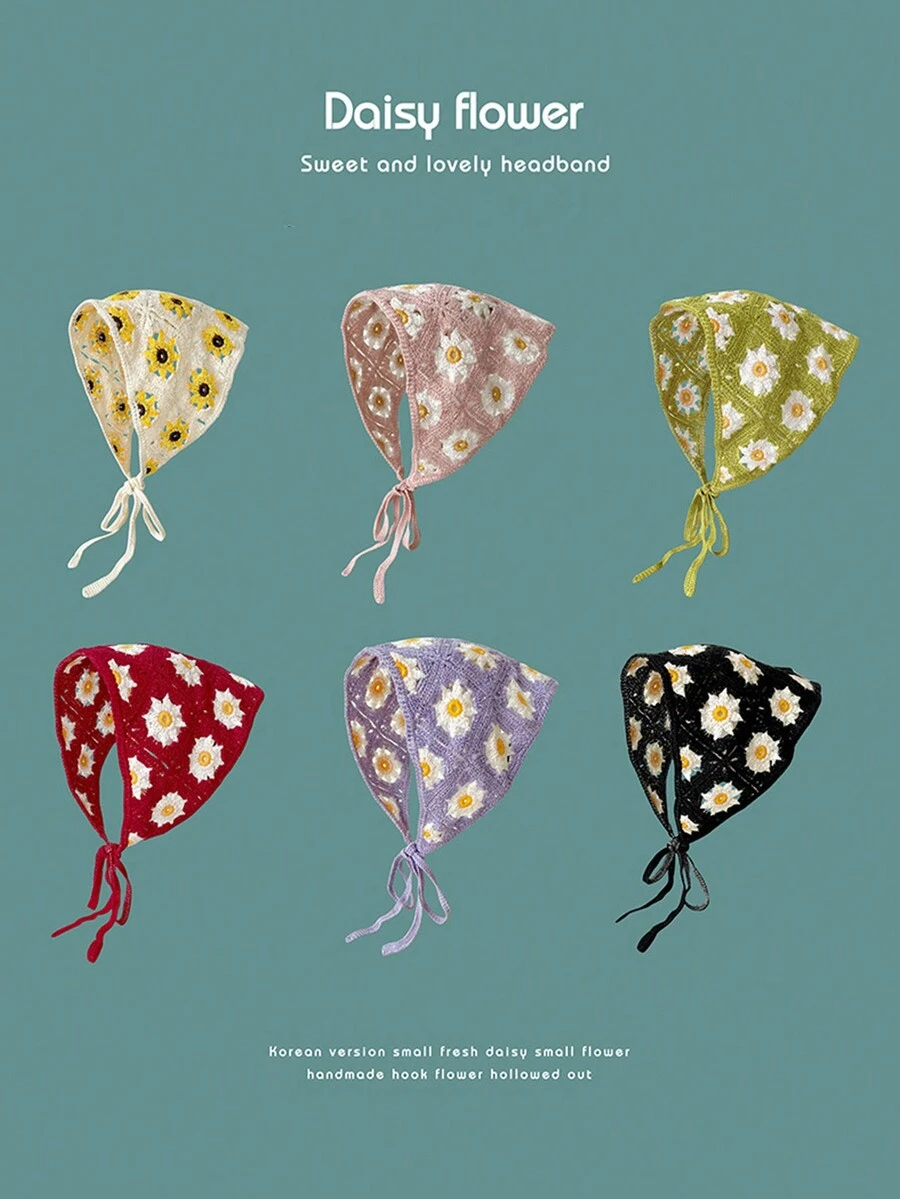 1入女士甜美可愛手工編織花朵空心束髮帶,雛菊三角圍巾,適用於春夏日常穿著 - 彩色 - 查看 1