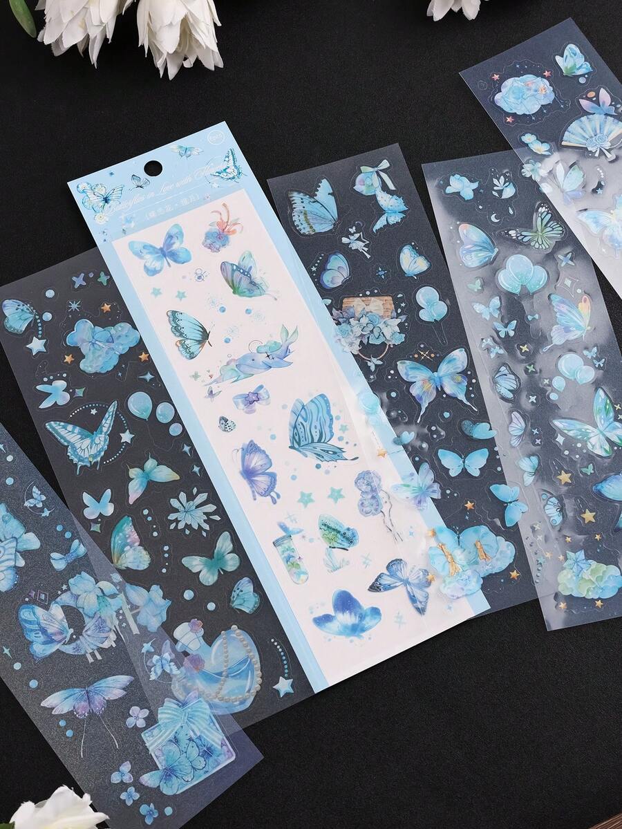 6入組藍色卡通蝴蝶和花卉圖案塗鴉貼紙,月潮風格,用於創意相簿、手帳裝飾、禮盒包裝藝術用品 - 藍色 - 查看 1
