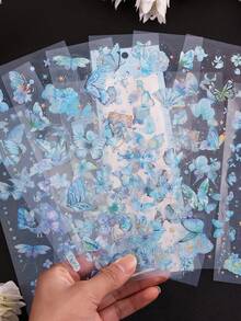 6入組藍色卡通蝴蝶和花卉圖案塗鴉貼紙,月潮風格,用於創意相簿、手帳裝飾、禮盒包裝藝術用品 - 藍色 - 查看 6