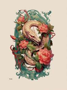 1張暫時性紋身貼紙，帶有花卉和龍圖案，適用於成人、青少年、男性、女性，在手臂、腿部、肚子等部位使用，防水防汗，是身體時尚裝飾的材料之一 - 彩色 - 查看 1