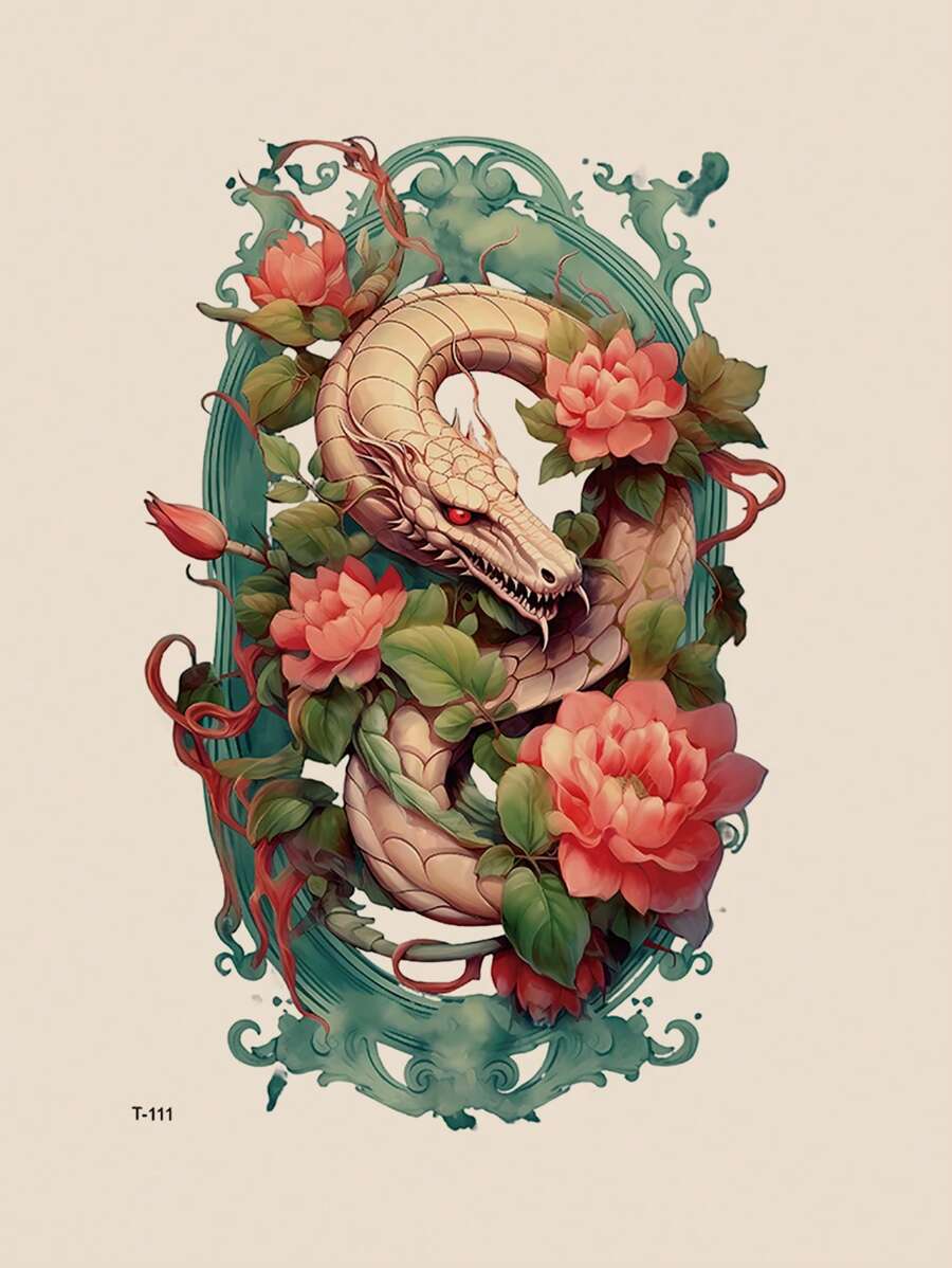 1張暫時性紋身貼紙，帶有花卉和龍圖案，適用於成人、青少年、男性、女性，在手臂、腿部、肚子等部位使用，防水防汗，是身體時尚裝飾的材料之一 - 彩色 - 查看 1