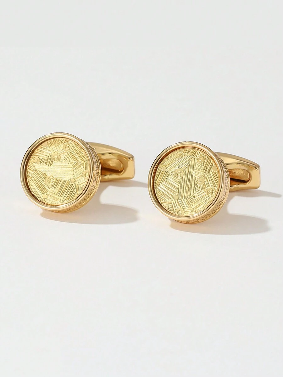 Men's Cufflinks, New Fashion Gold Round Cufflinks With Pattern, For Shirts - Yellow Gold - View 1